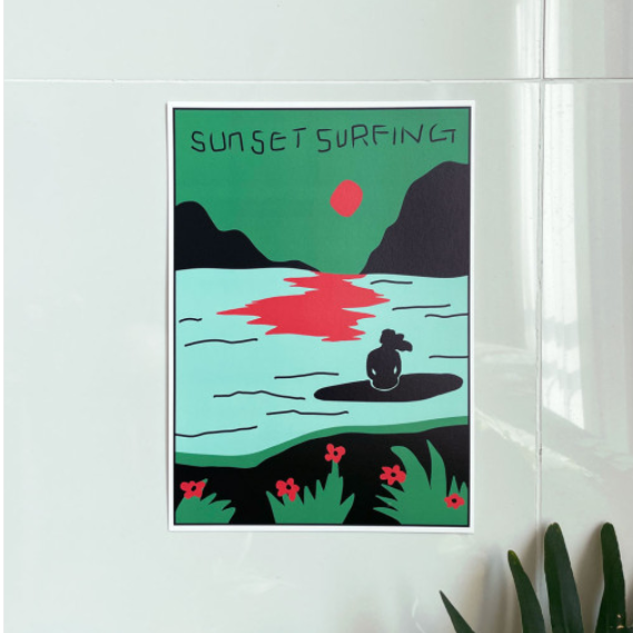 d.kcum 디컴 - [Sunset Surfing] 서핑 인테리어 일러스트 포스터 A4