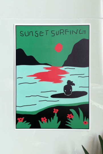 d.kcum - 서핑굿즈 일러스트 인테리어 포스터 A4 [Sunset Surfing]